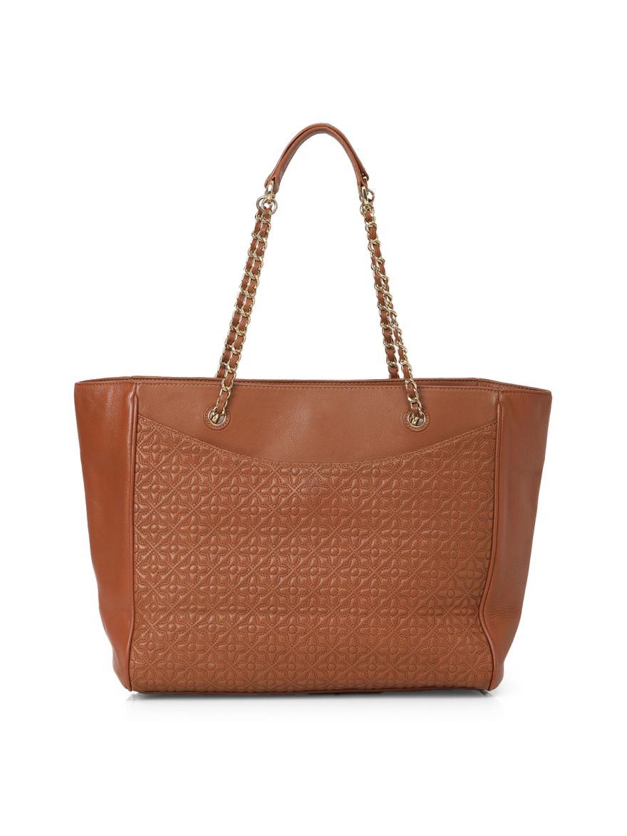 Tan Leather Embroidered Tote One Size