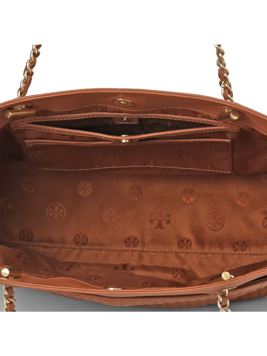 Tan Leather Embroidered Tote One Size