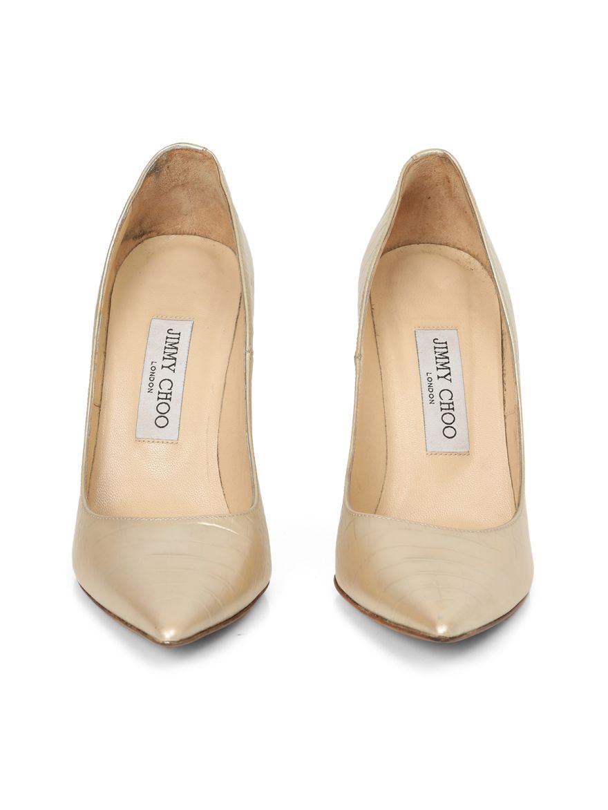 Metallic Silver Croc Embossed Leather Pumps Size- 37.5