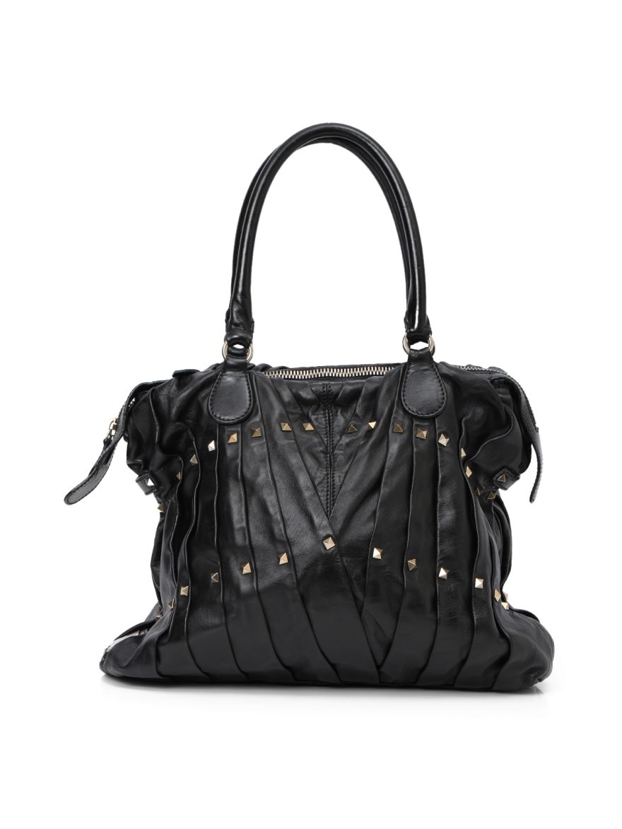 Garavani Black Leather Maison Pintucked Shopper Tote Bag One Size