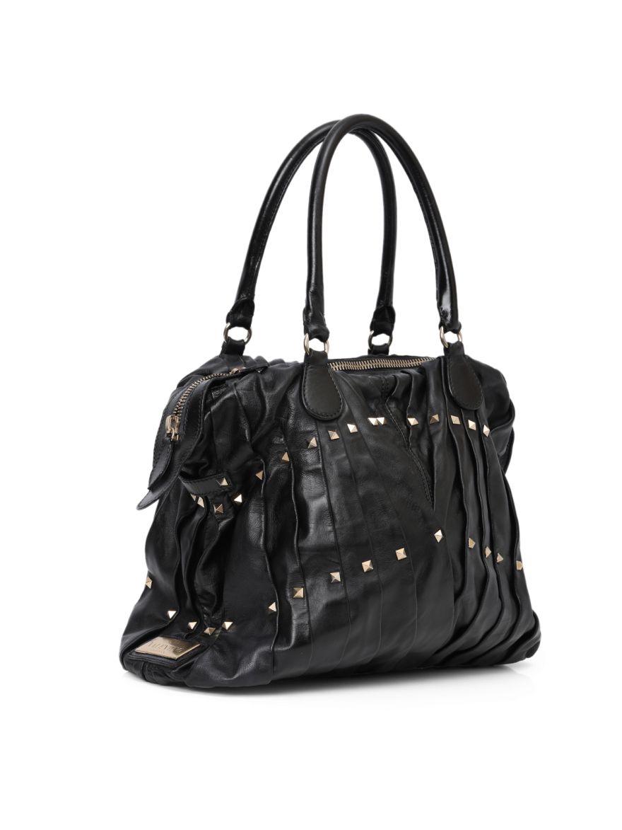 Garavani Black Leather Maison Pintucked Shopper Tote Bag One Size