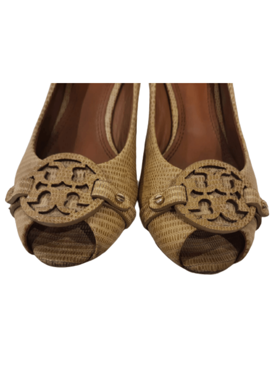 Beige Hamilton Logo Open Toe Mid Heels/Size-6M