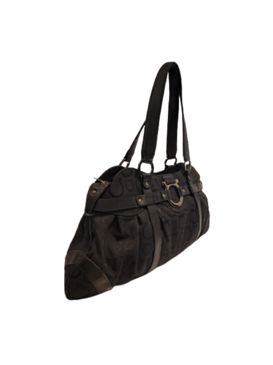 Black Canvas Leather Trims Shoulder Bag