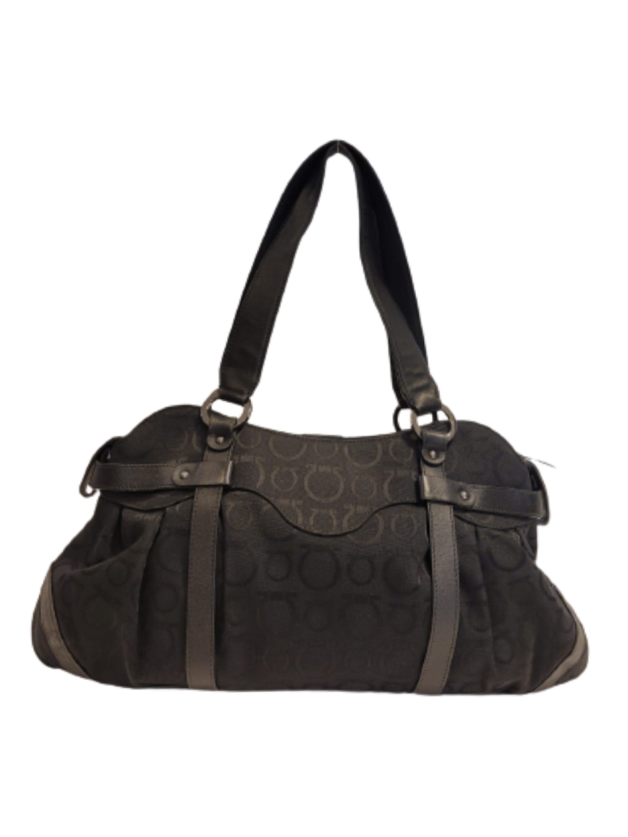 Black Canvas Leather Trims Shoulder Bag