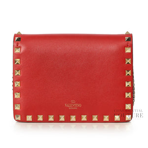 Red Leather Rockstud Chain Pouch Bag