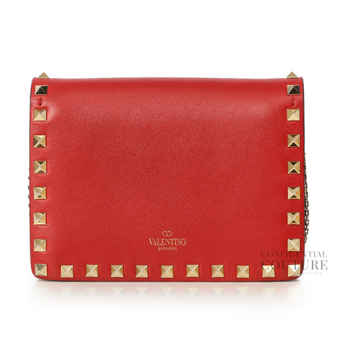 Red Leather Rockstud Chain Pouch Bag