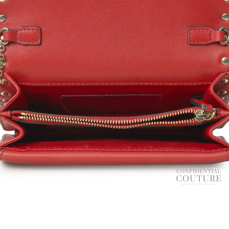 Red Leather Rockstud Chain Pouch Bag