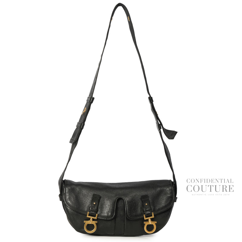Black Double Gancio Flap Crossbody Bag