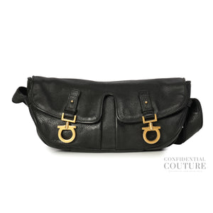 Black Double Gancio Flap Crossbody Bag