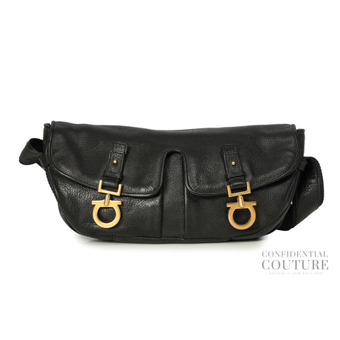 Black Double Gancio Flap Crossbody Bag
