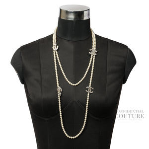 Faux Pearl & Strass Bead Strand Long Necklace, Minor