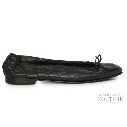 CC Cap Toe Bow Black Quilted Ballet Flats Size 39.5