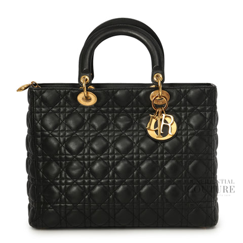 Black Cannage Quilted Lambskin Leather Large Lady Dior Bag