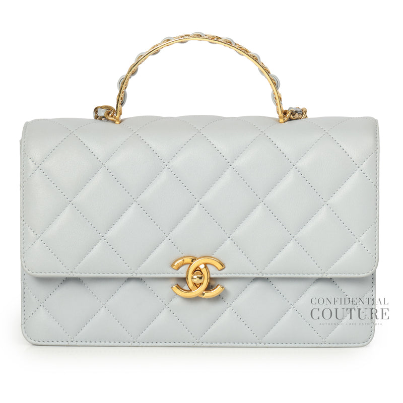 Light Blue Medium Flap Bag With Top Handle