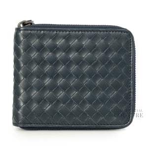 Navy Blue Intrecciato Leather Zip Around Wallet