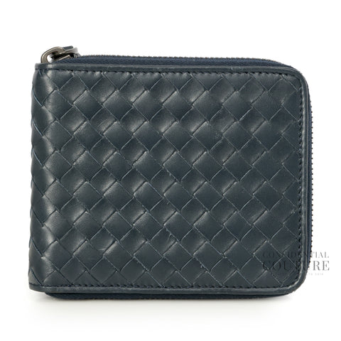 Navy Blue Intrecciato Leather Zip Around Wallet
