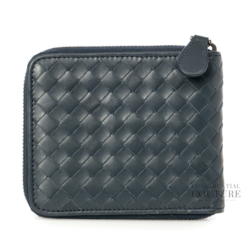 Navy Blue Intrecciato Leather Zip Around Wallet