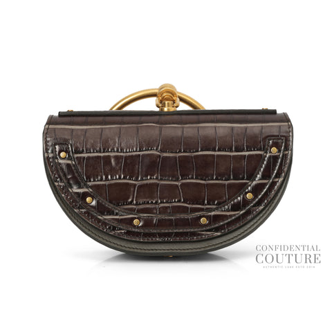 Brown Croc Embossed Small Nile Bracelet Minaudiere Crossbody Bag