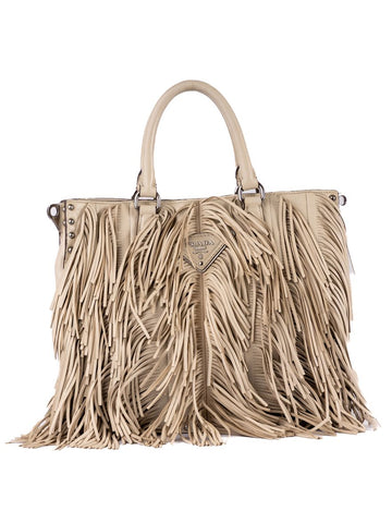 Beige Nappa Leather Small Fringe Tote Bag