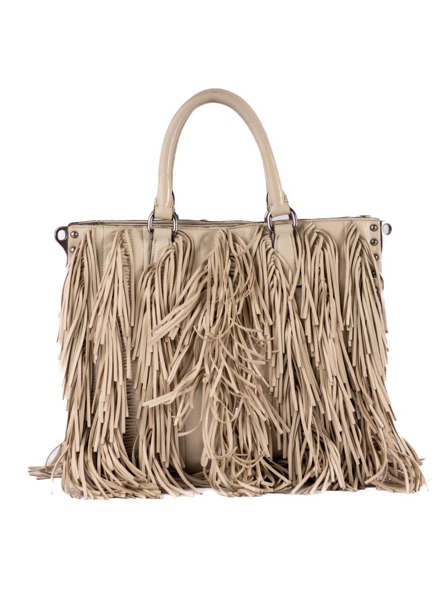 Beige Nappa Leather Small Fringe Tote Bag