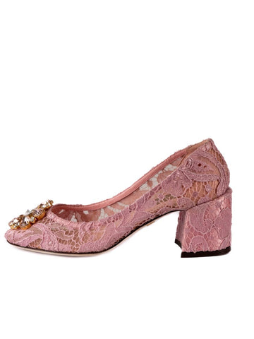 Dolce and Gabbana Taormina Lace And Crystal Embellished Block Heel Pumps Size: 38