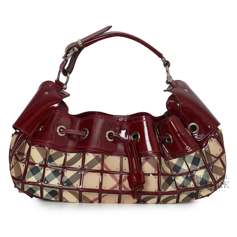 Maroon Patent Leather Nova Check Coated Canvas Warrior Hobo Bag