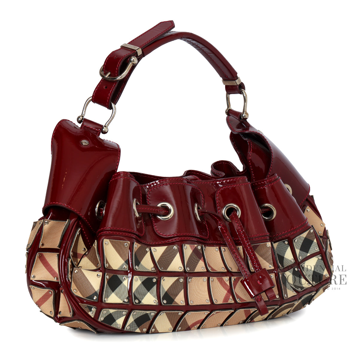 Maroon Patent Leather Nova Check Coated Canvas Warrior Hobo Bag