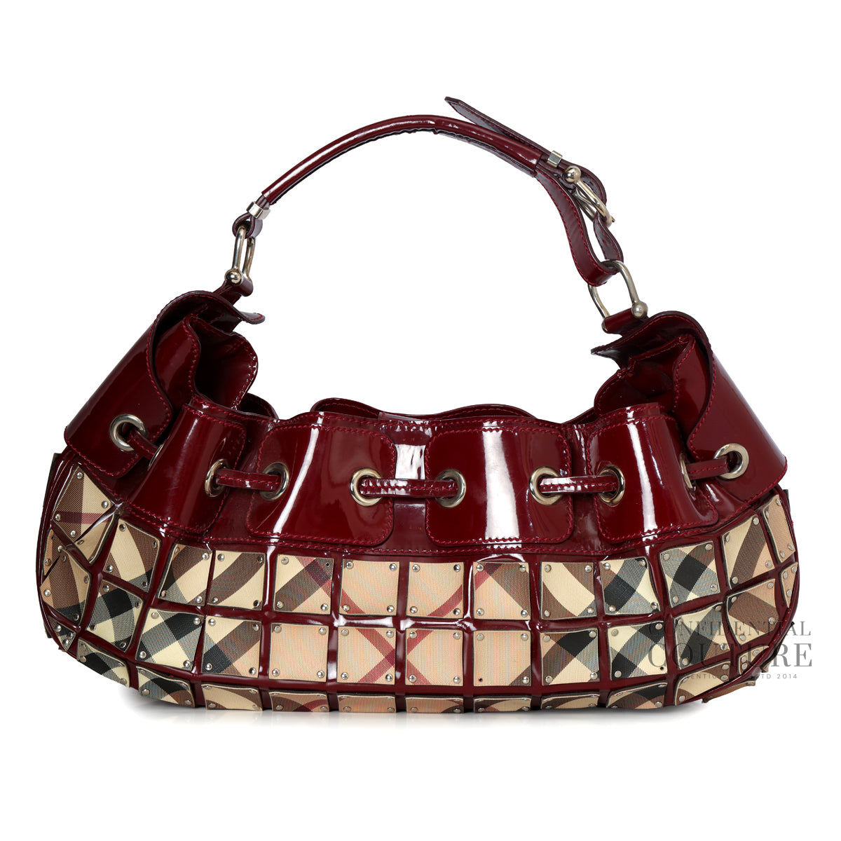 Maroon Patent Leather Nova Check Coated Canvas Warrior Hobo Bag