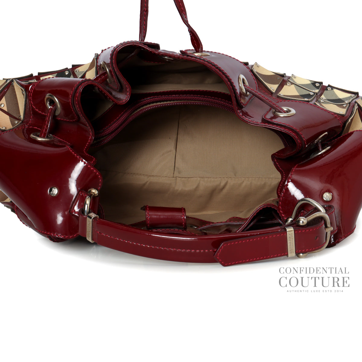 Maroon Patent Leather Nova Check Coated Canvas Warrior Hobo Bag