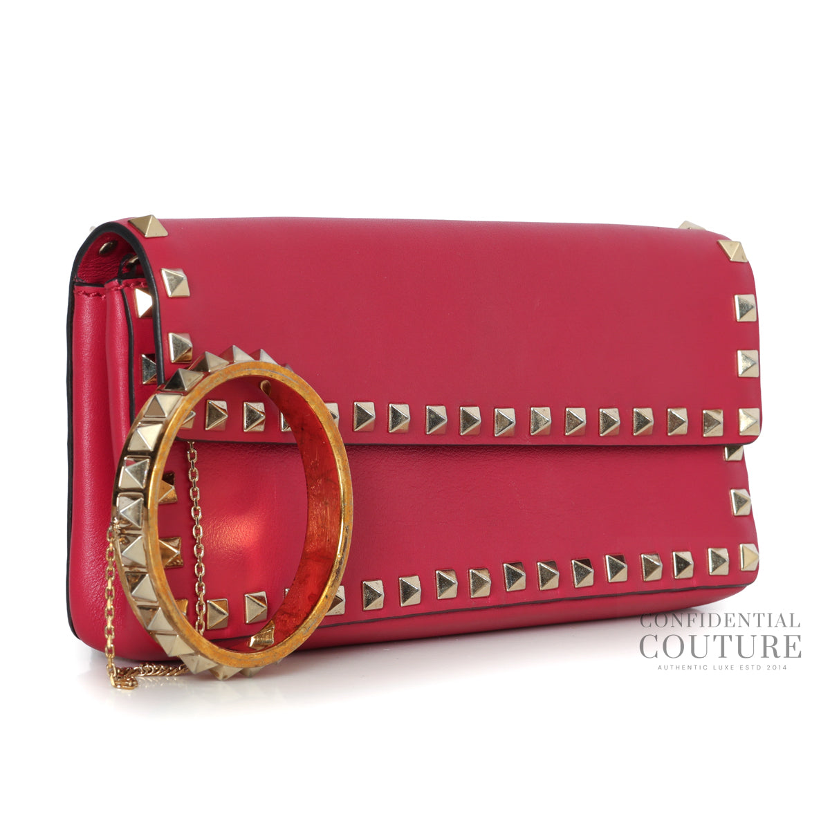 Red Leather Rockstud Bracelet Clutch Bag