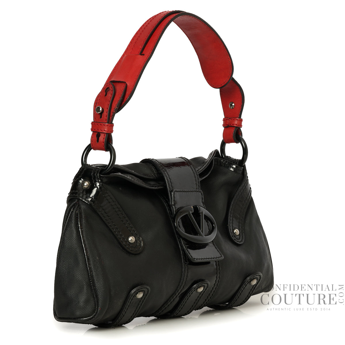 Black Leather V Ring Flap Shoulder Bag