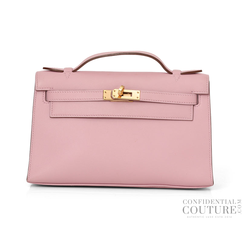 Hermes Kelly Pochette Veau Swift Mauve Sylvestre with Rose Gold Hardware