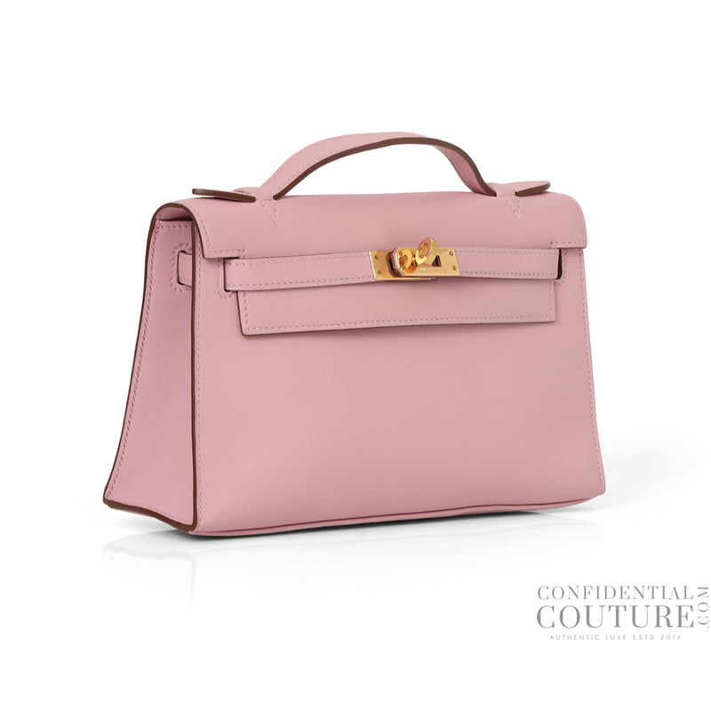 Women Hermes Kelly Pochette Veau Swift Mauve Sylvestre with Rose Gold Hardware