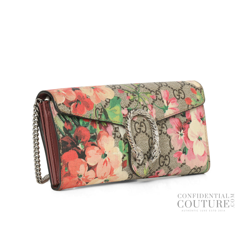 Women Gucci Dionysus Beige/Pink GG Blooms Coated Canvas Mini Wallet on Chain Bag