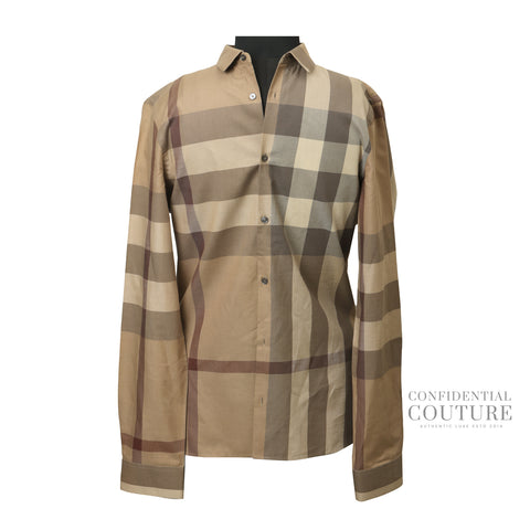 London Camel/Brown Checked Cotton Long Sleeve Button Down Shirt | S