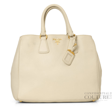White Vitello Daino Leather Shopping Tote Bag