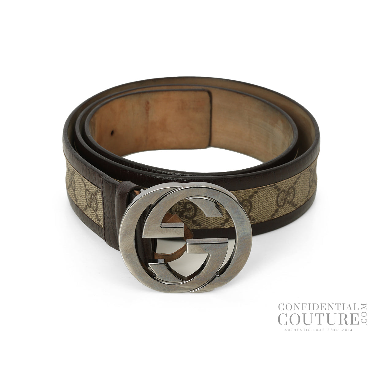 Brown/Beige GG Coated Canvas & Leather Belt- 36