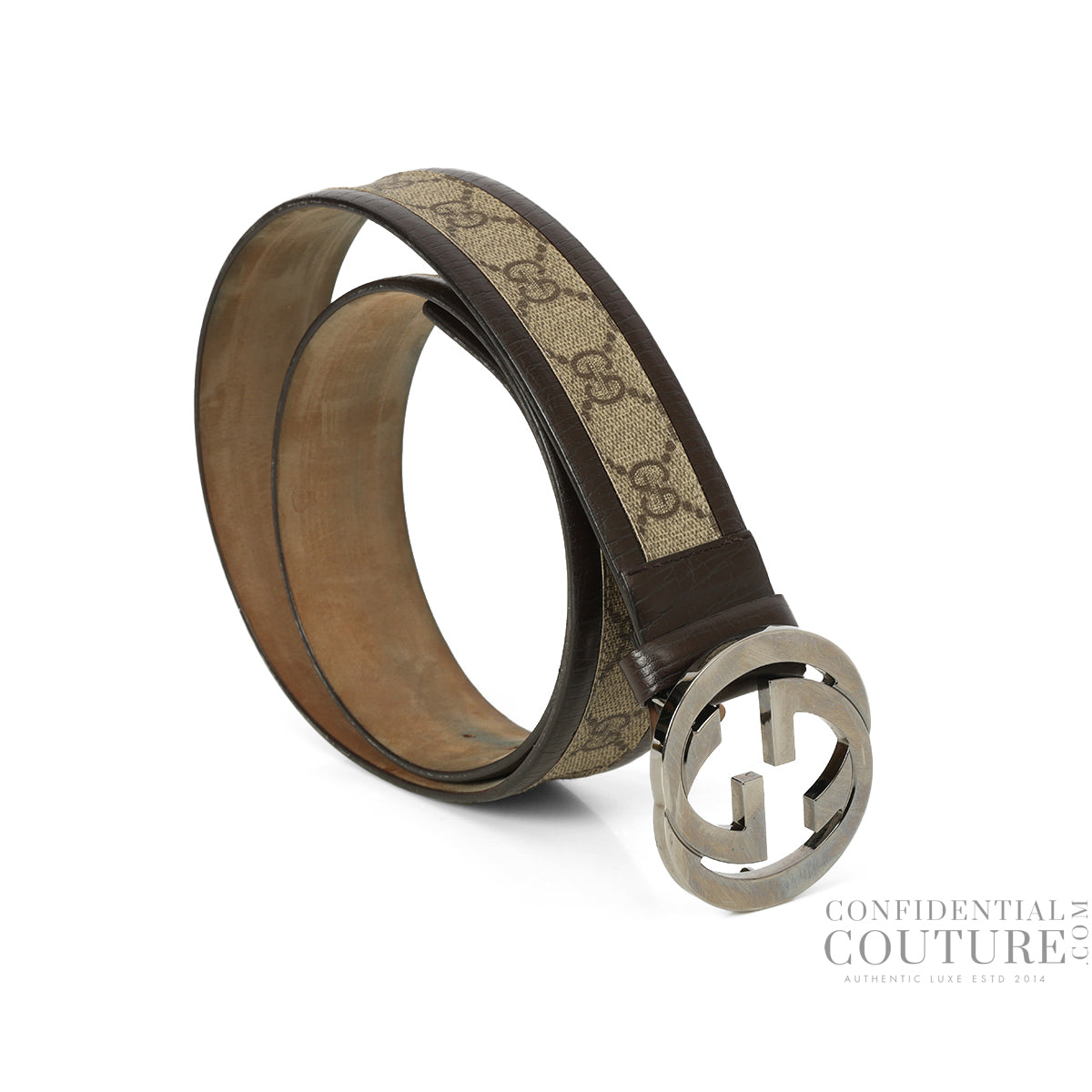 Brown/Beige GG Coated Canvas & Leather Belt- 36