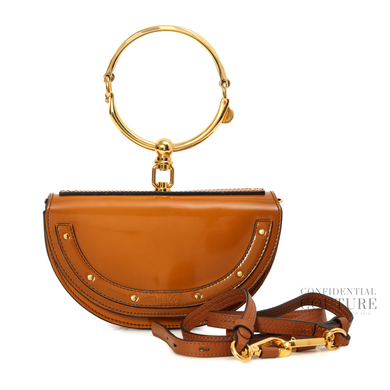 Brown Patent Leather Small Nile Bracelet Minaudiere Crossbody Bag