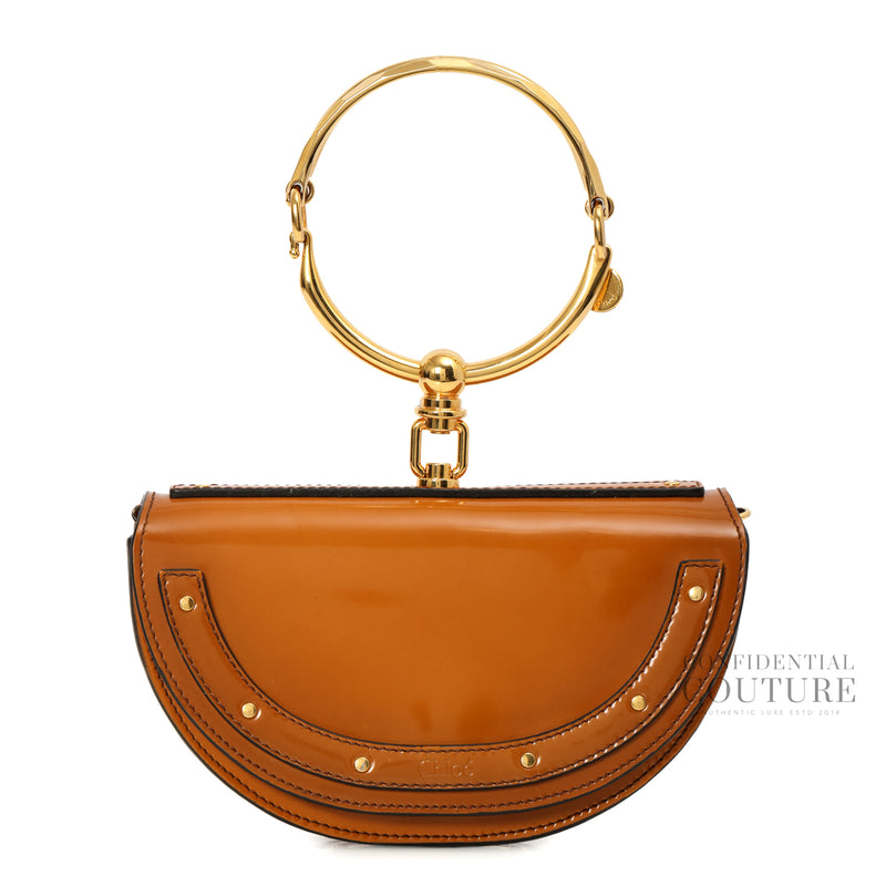 Brown Patent Leather Small Nile Bracelet Minaudiere Crossbody Bag