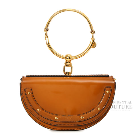 Brown Patent Leather Small Nile Bracelet Minaudiere Crossbody Bag