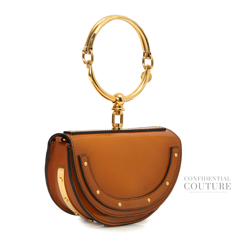 Brown Patent Leather Small Nile Bracelet Minaudiere Crossbody Bag