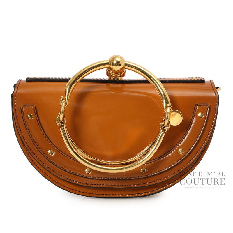 Brown Patent Leather Small Nile Bracelet Minaudiere Crossbody Bag