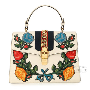 White Leather Floral Embroidered Medium Sylvie Top-Handle Bag