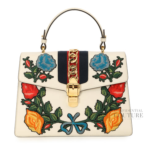 White Leather Floral Embroidered Medium Sylvie Top-Handle Bag