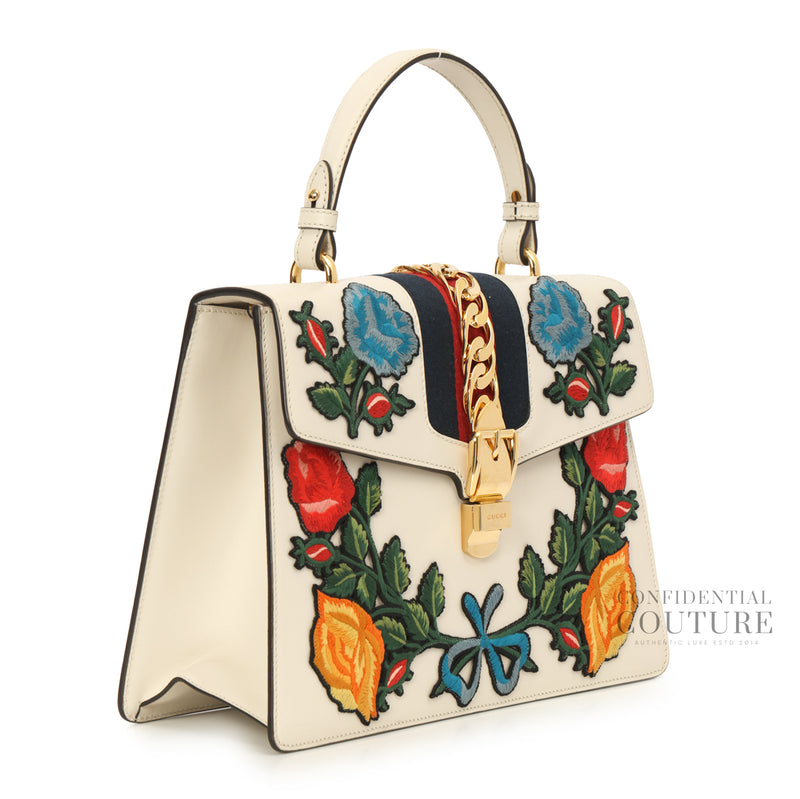 White Leather Floral Embroidered Medium Sylvie Top-Handle Bag