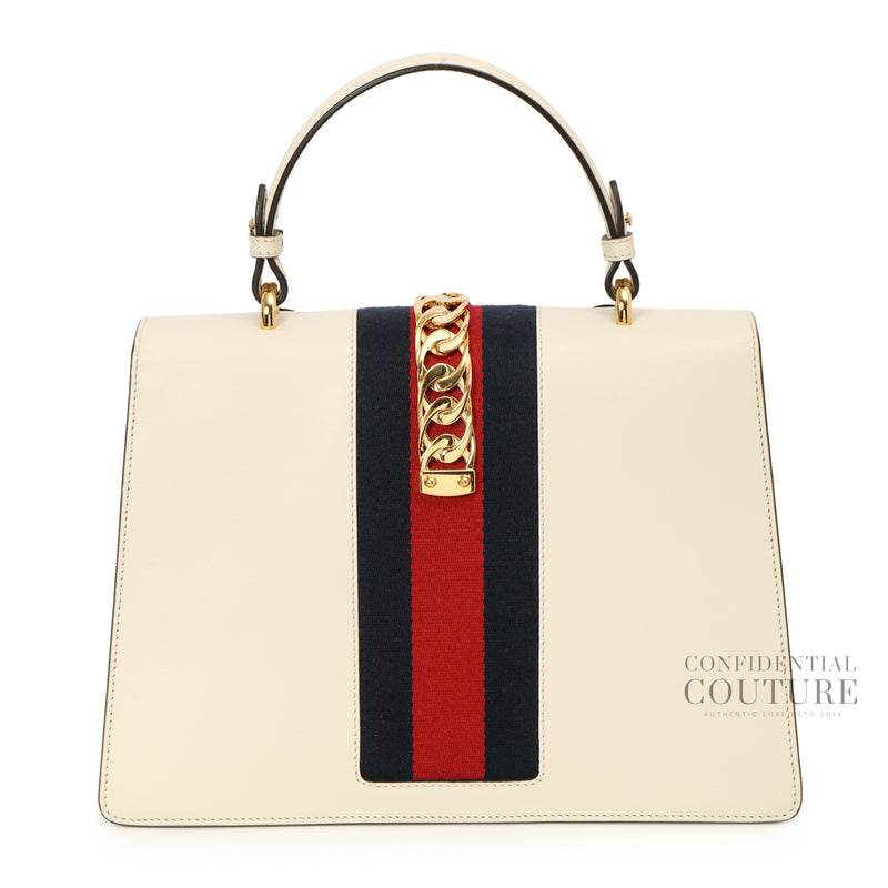 White Leather Floral Embroidered Medium Sylvie Top-Handle Bag