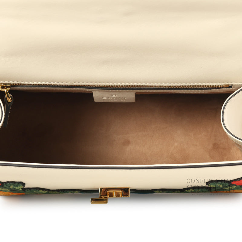 White Leather Floral Embroidered Medium Sylvie Top-Handle Bag