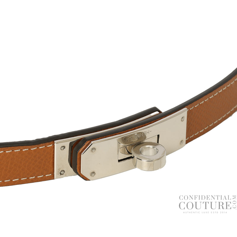 Women hermes kelly 18 veau epsom leather gold belt with silver hardware