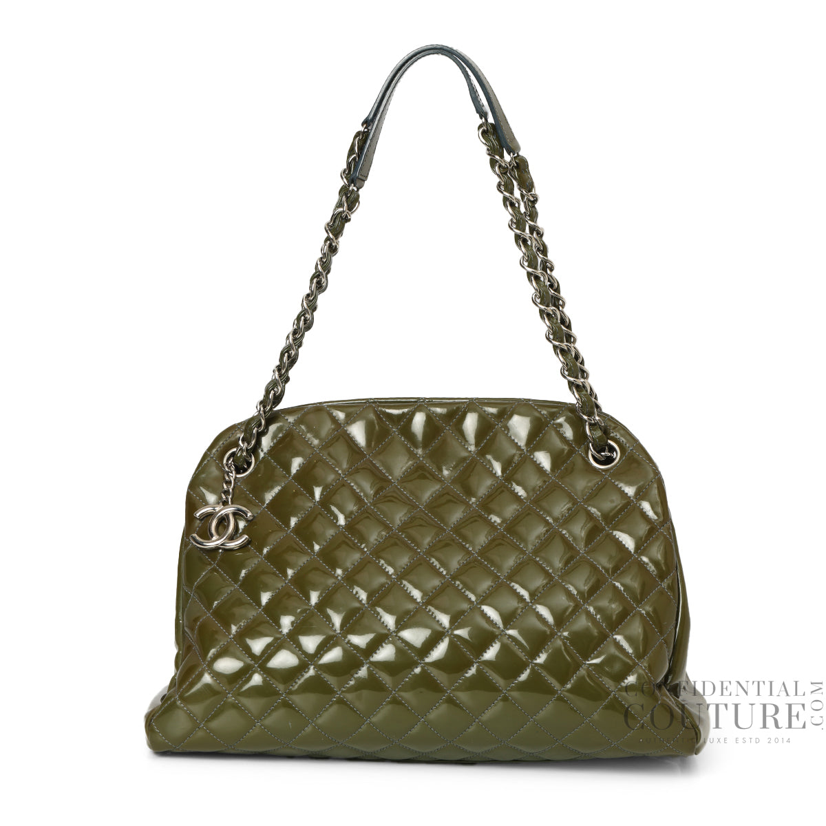 Moose Green Quilted Patent Leather Large Just Mademoiselle Bag